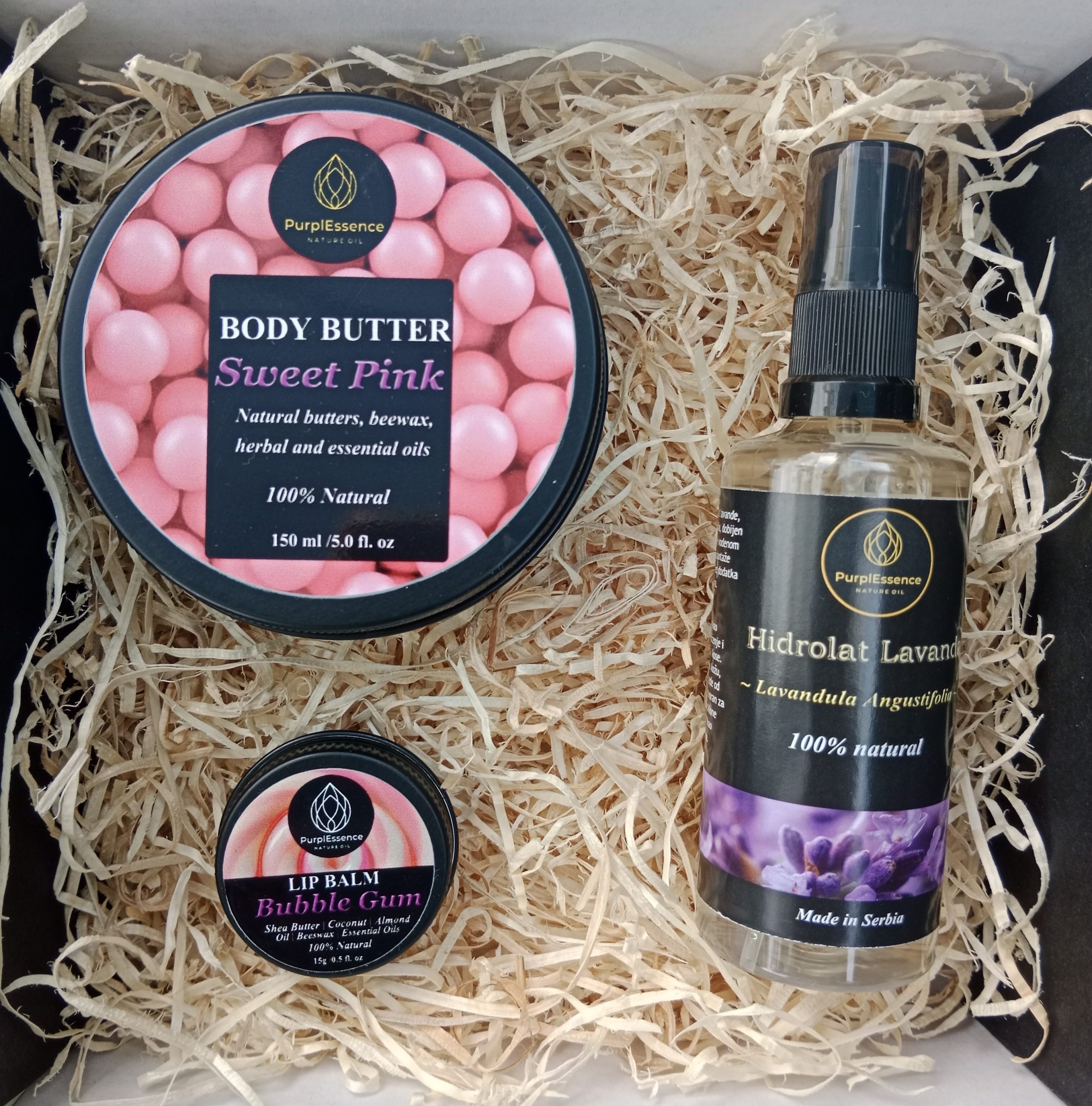 poklon paket lavanda, prirodna kozmetika, nega kože, poklon za ženu, body butter, balzam za usne, hidrolat lavande, wellness poklon, prirodni set, ručni rad